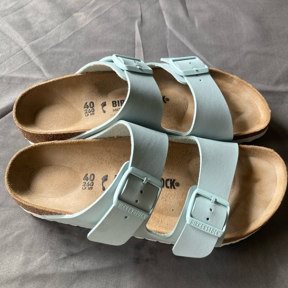 Birkenstock Arizona Blue Birko-Flor Leather Sandals Size 40 Two Strap